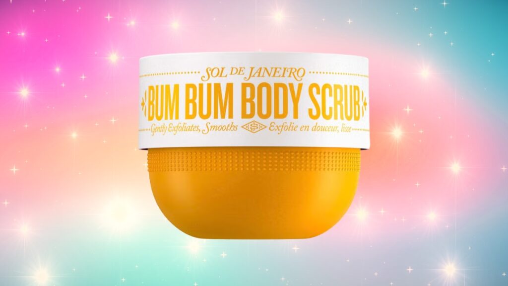 Sol de Janeiro Bum Bum Body Scrub jar shown on a colorful background, featuring a bright yellow container known for smoothing and gently exfoliating the skin.