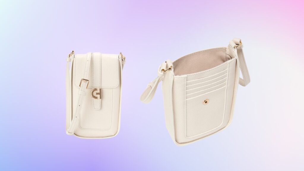 An ivory Cole Haan crossbody wallet with gold hardware, card slots, and a slim strap shown from the front and top views.