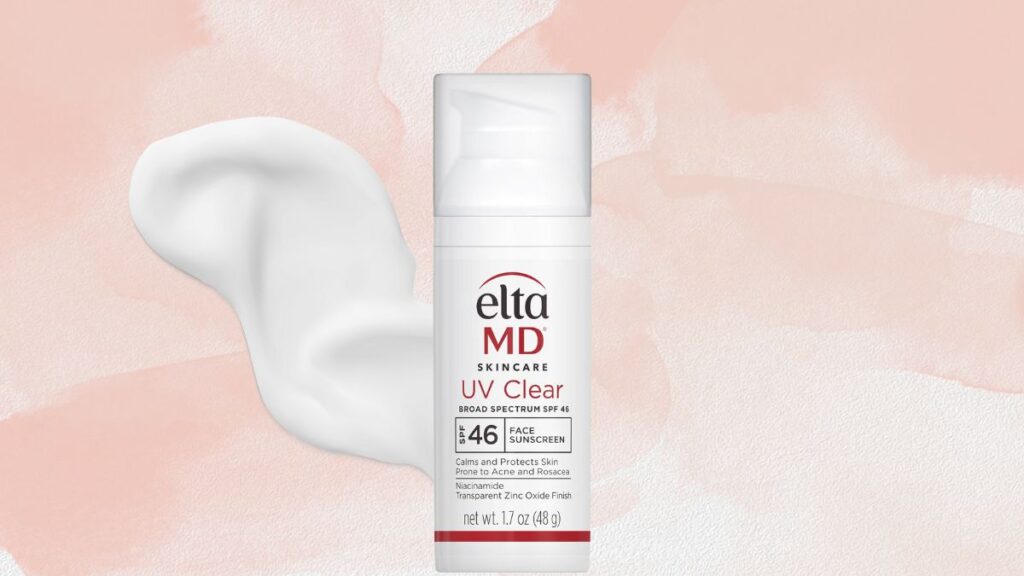EltaMD UV Clear SPF 46 sunscreen bottle shown with a small amount of lightweight face sunscreen on a soft pink background.