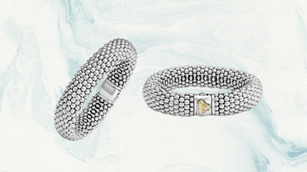 Two sterling silver Lagos Caviar bracelets with textured beading and signature clasps shown on a soft blue background.