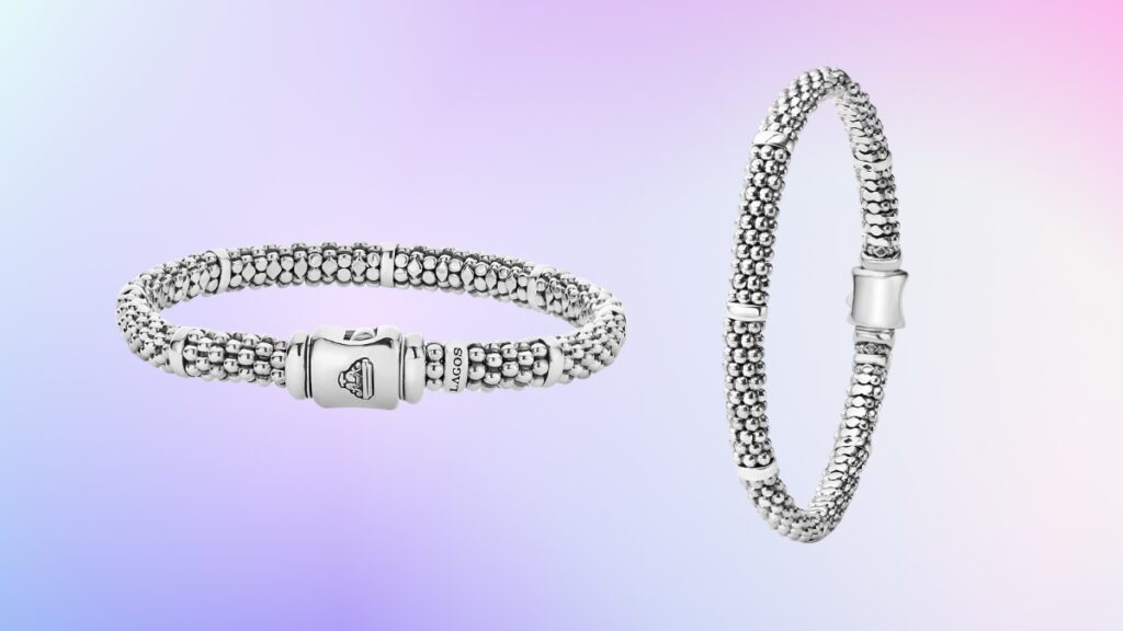 Two sterling silver Lagos Caviar bracelets with textured beaded design and signature clasps shown on a soft pastel gradient background.