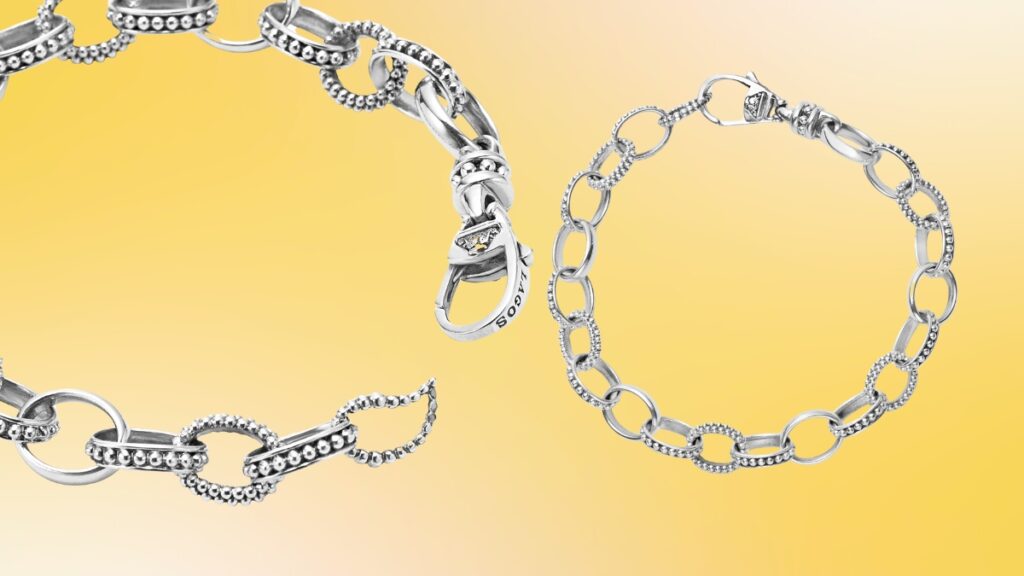 Sterling silver Lagos Caviar link bracelets with textured beaded details and lobster clasps displayed on a yellow gradient background.