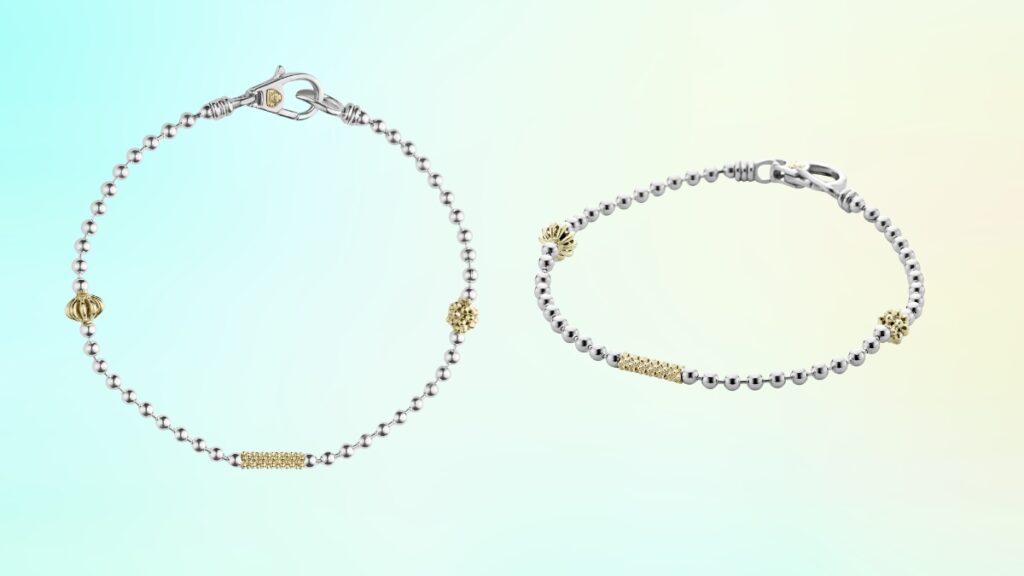 Two-tone Lagos Caviar bracelets with sterling silver beads and gold accents displayed on a soft pastel background.