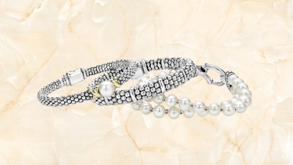 Three Lagos Caviar bracelets featuring sterling silver beading, pearl accents, and a strand of cultured pearls displayed on a soft cream background.