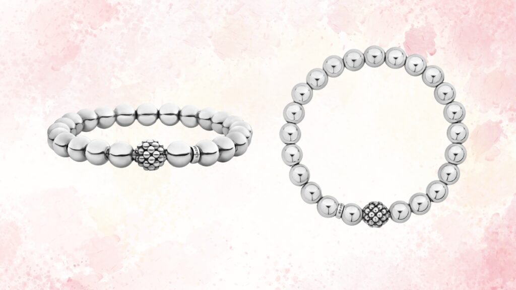 Two stretch Lagos Caviar bracelets made of polished sterling silver beads with a textured Caviar bead accent, shown on a soft pink background.