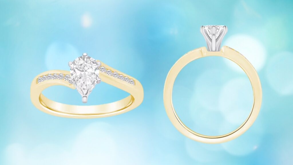 A yellow gold engagement ring with a pear-shaped diamond and side stones shown from the front and side view.