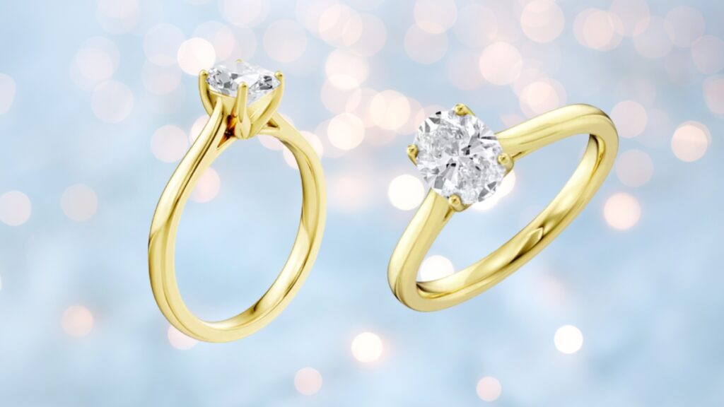 A yellow gold engagement ring with a round cut diamond shown from the top and side angles against a soft light background.