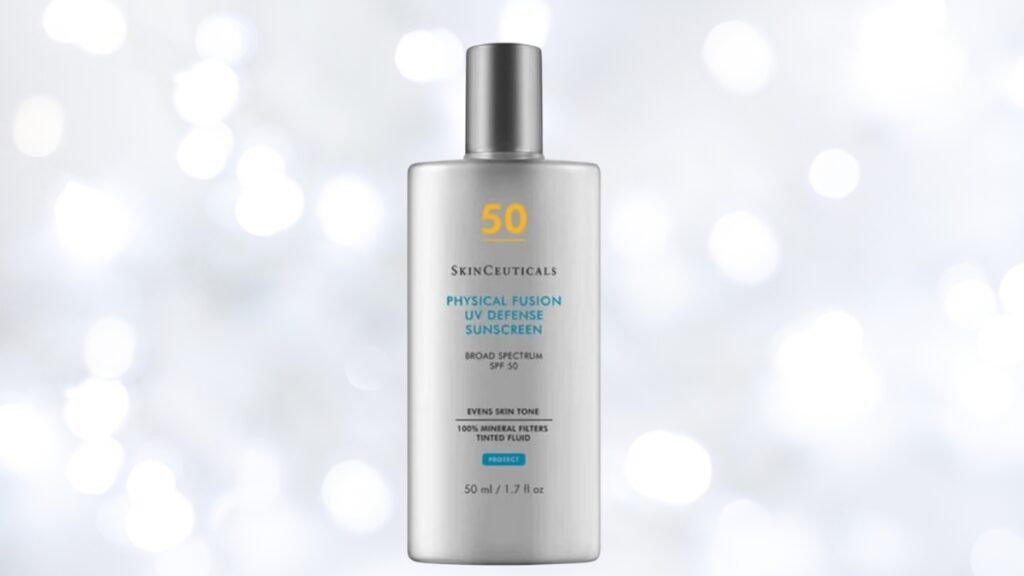 SkinCeuticals Physical Fusion UV Defense SPF 50 sunscreen bottle shown on a soft, light background highlighting its mineral-based sun protection.
