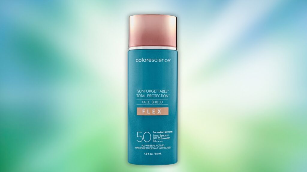 Colorescience Sunforgettable Total Protection Face Shield Flex SPF 50 bottle shown on a soft gradient background, designed for tinted mineral sun protection.